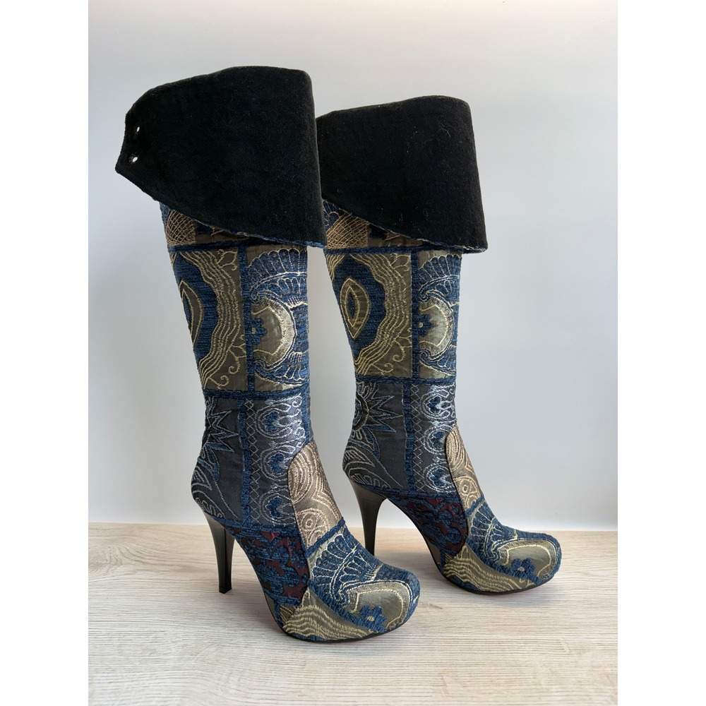 TurkishSoul Blue Gold Patchwork Brocade Tapestry Knee High Stiletto Heel‎ Boots